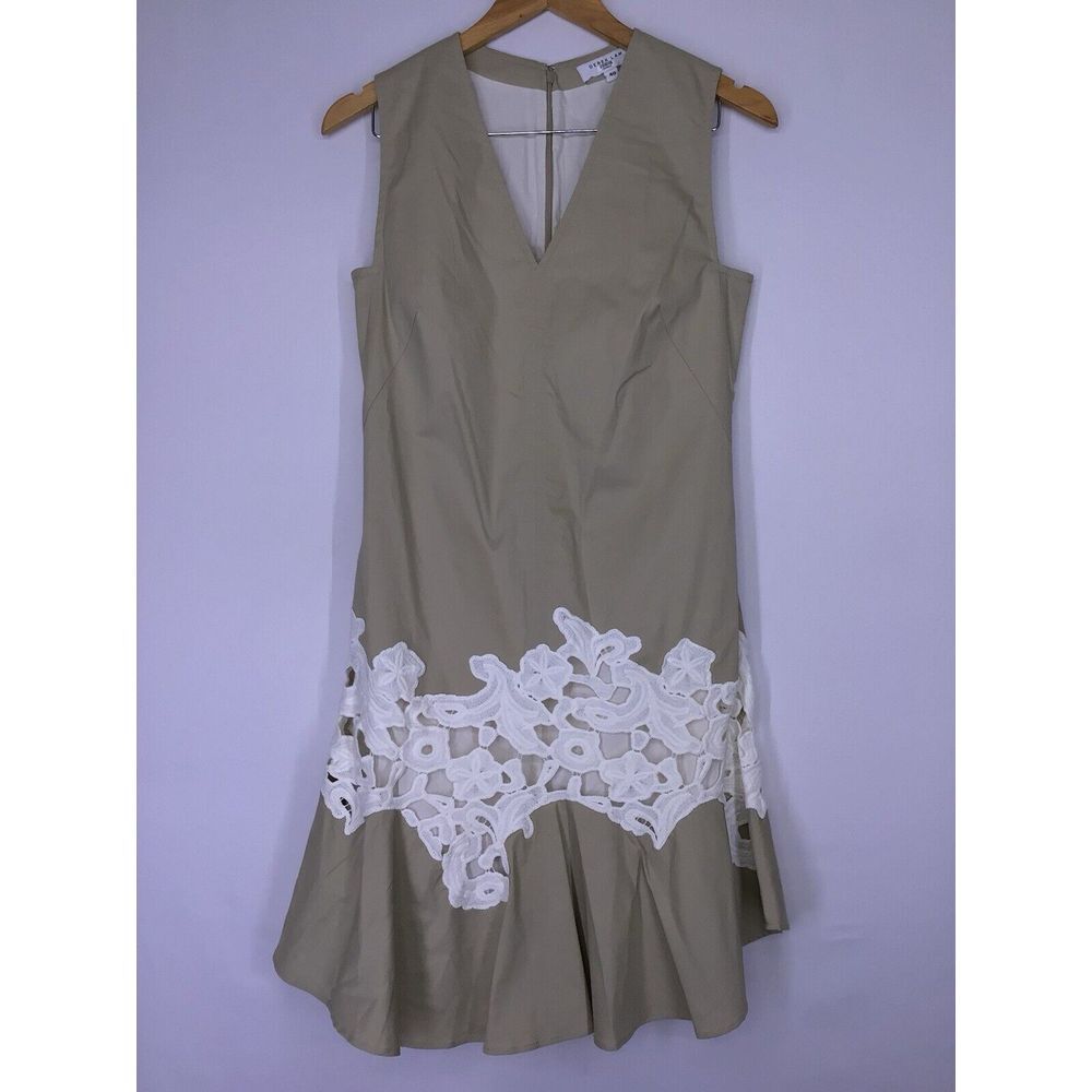 Derek Lam Collective Khaki White‎ Lace Insert Sleeveless V Neck Midi Dress Sz 40